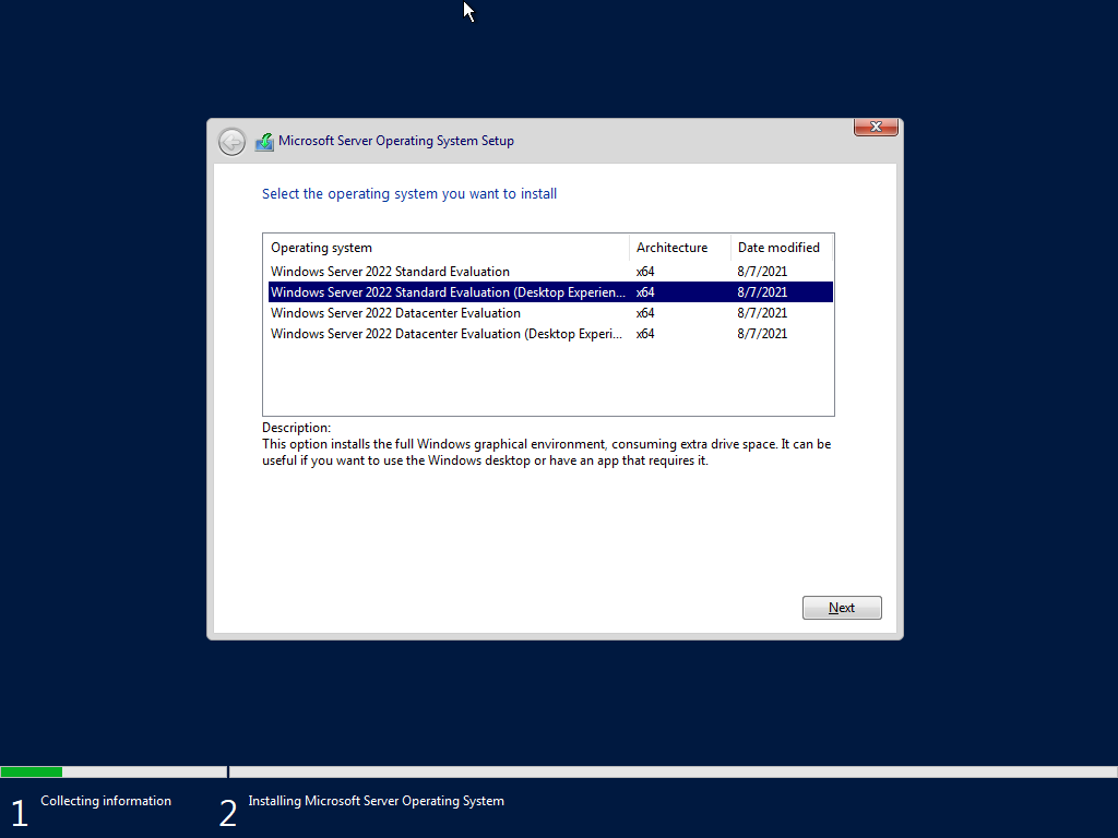 screenshot showing the selection of the windows server 2022 version to install