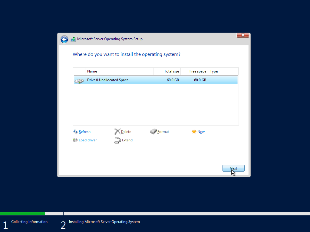 screenshot showing the drive to install windows server 2022 on
