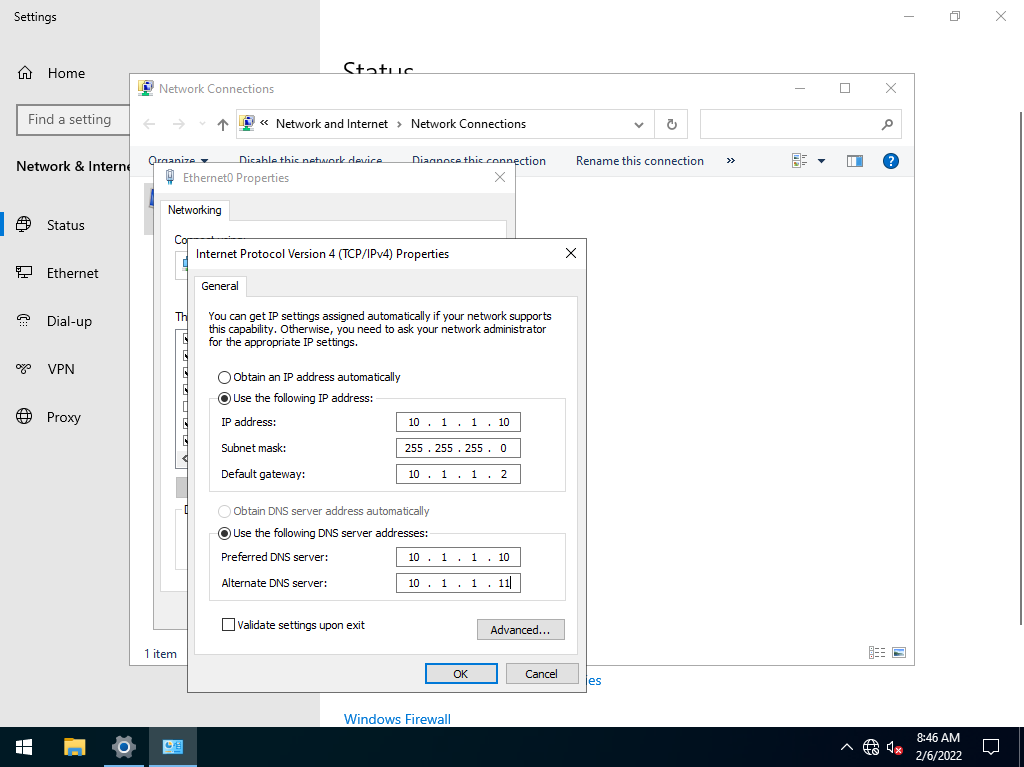 screenshot showing the static IP settings being set on the NIC