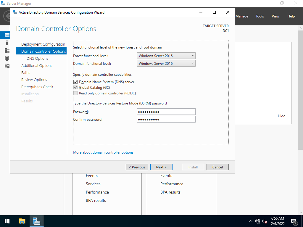 screenshot from the domain controller setup wizard