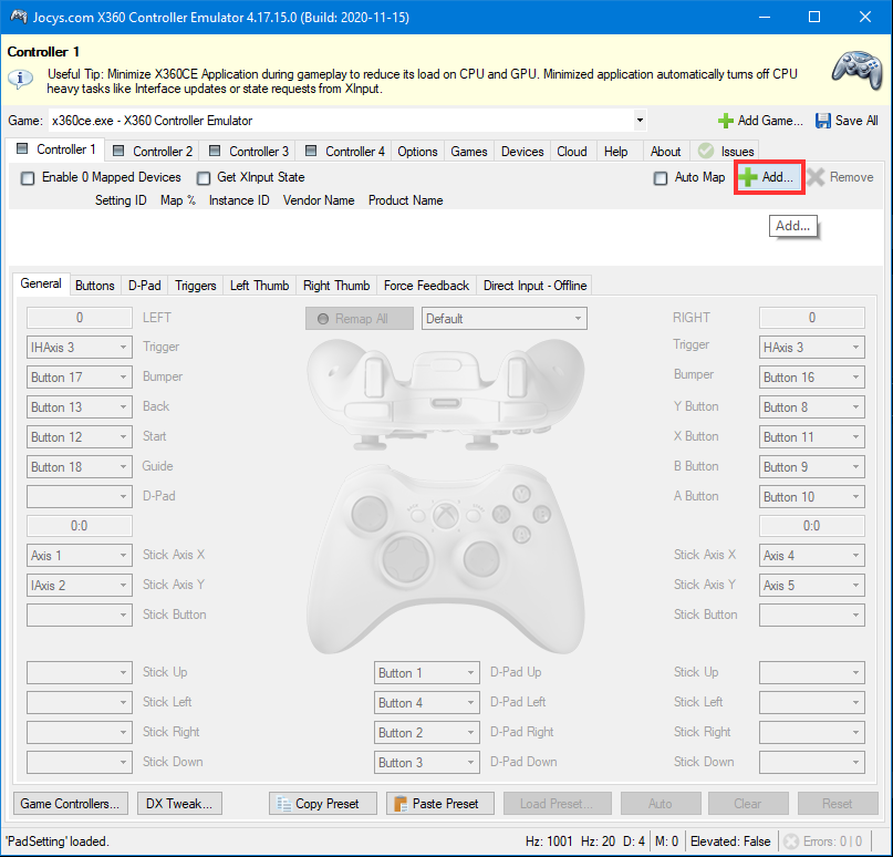 Screenshot from the xbox 360 controller emulator