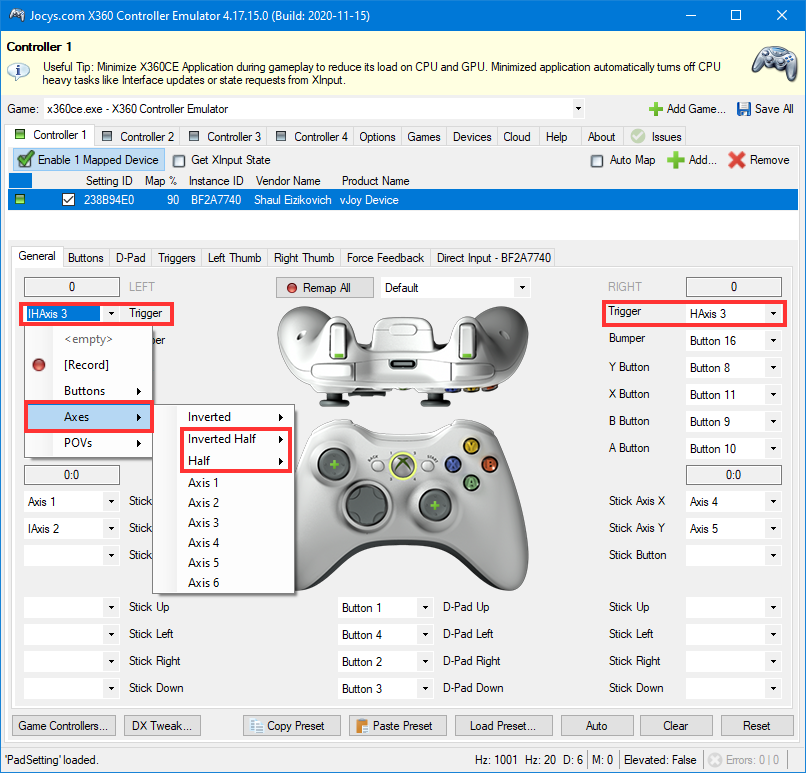 Screenshot from the xbox 360 controller emulator