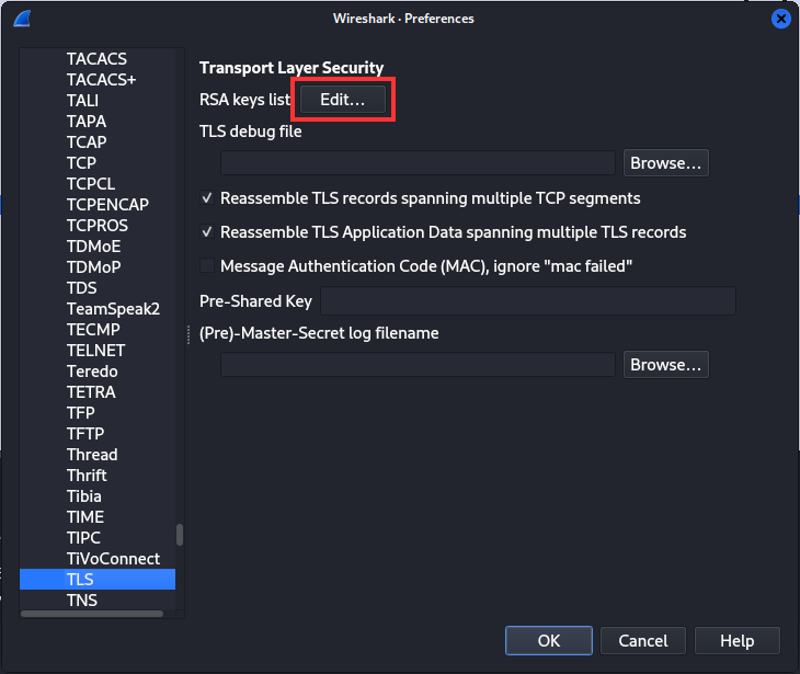 screenshot from wireshark preferences showing the TLS protocol options