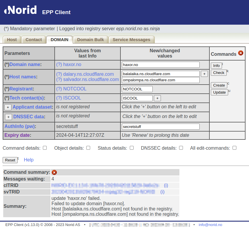Screenshot from the norid EPP client