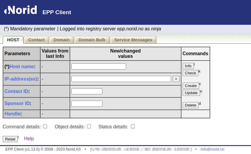 Screenshot from the norid EPP client
